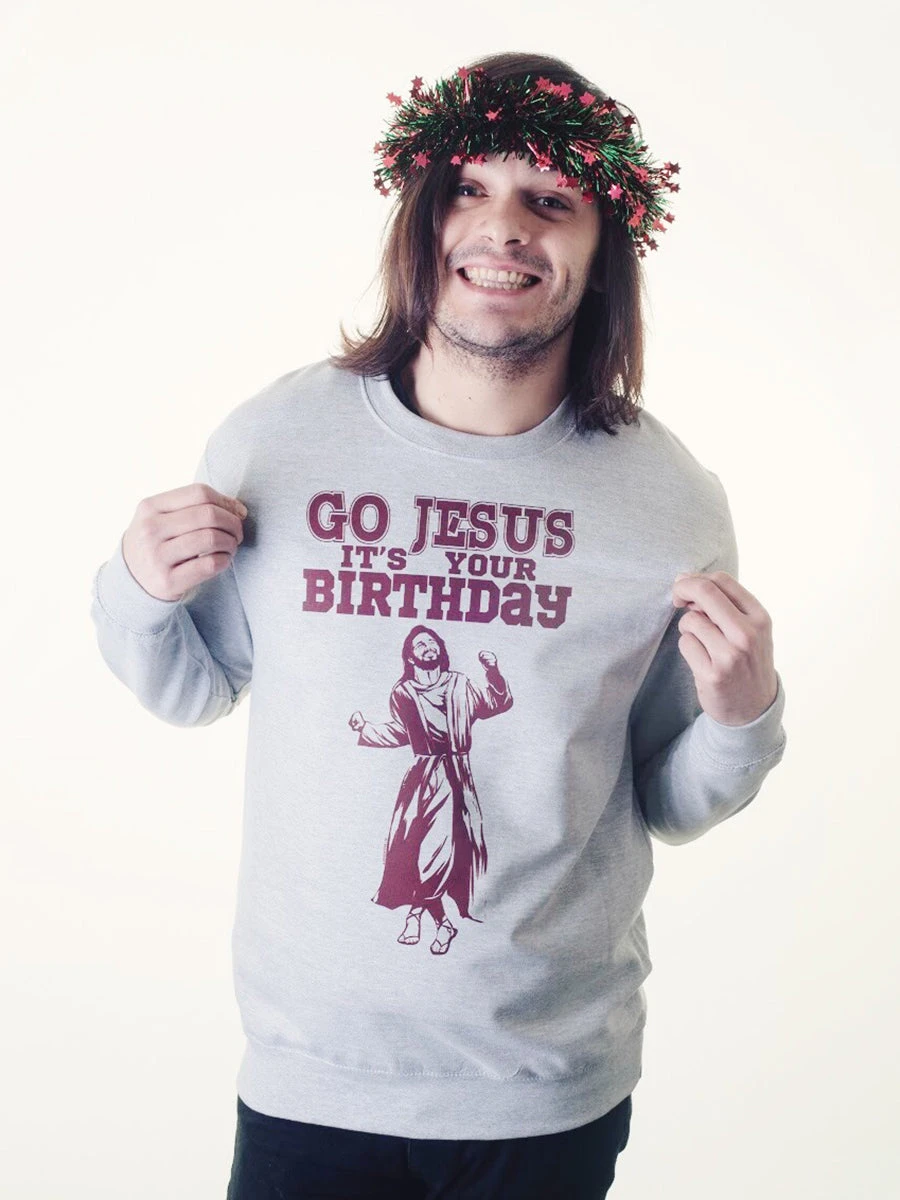 Go Jesus It's Your Birthday Men's Grey Christmas Jumper - Image 4